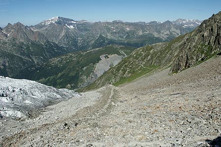 View down moraine path beside Glacier du Tour