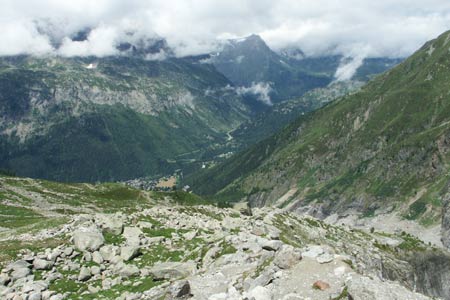 View into Chamonix Valley from above Argentière Glacier