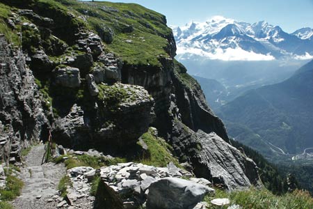 Path to Desert de Platé climbs up the cliffs