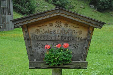 Footpath sign for Gasthaus Karlsteg at Ginzling