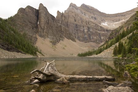 Lake Agnes is surrounded by mountains