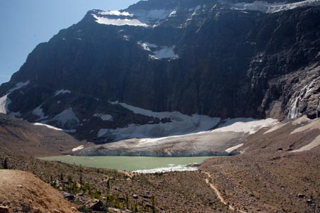Cavell Pond from morraine trail below Angel Glacier
