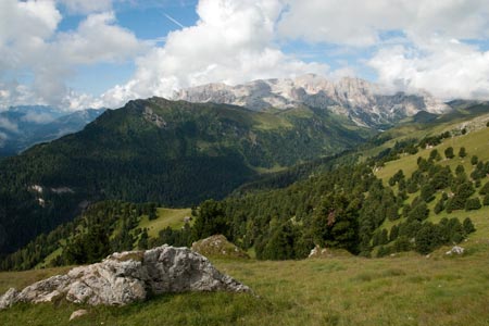 View across Val Duron to wild limestone country