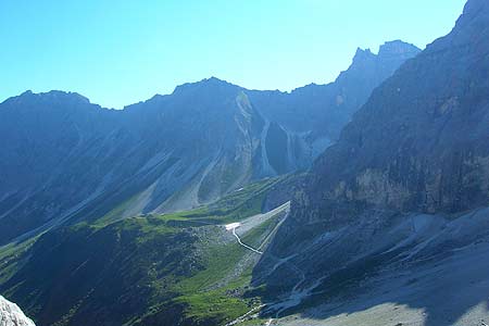 View to Austrian Tribulaun hut from Pferscher Scharte