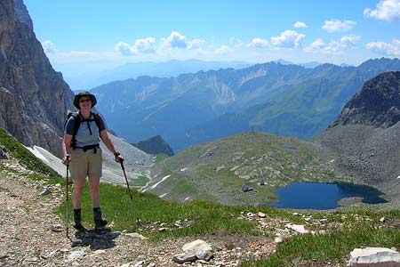 View down to Italian Tribulaun Hut from Pferscher Scharte